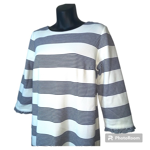 Talbots Striped Sheath Dress Ruffle Sleeve Navy and Cream Size 8 - Picture 3 of 9